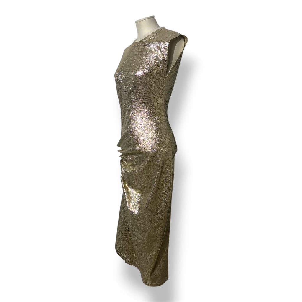 Vestido Dorado Metalizado Rabanne Nuevo | Vestido Midi de Fiesta Drapeado
