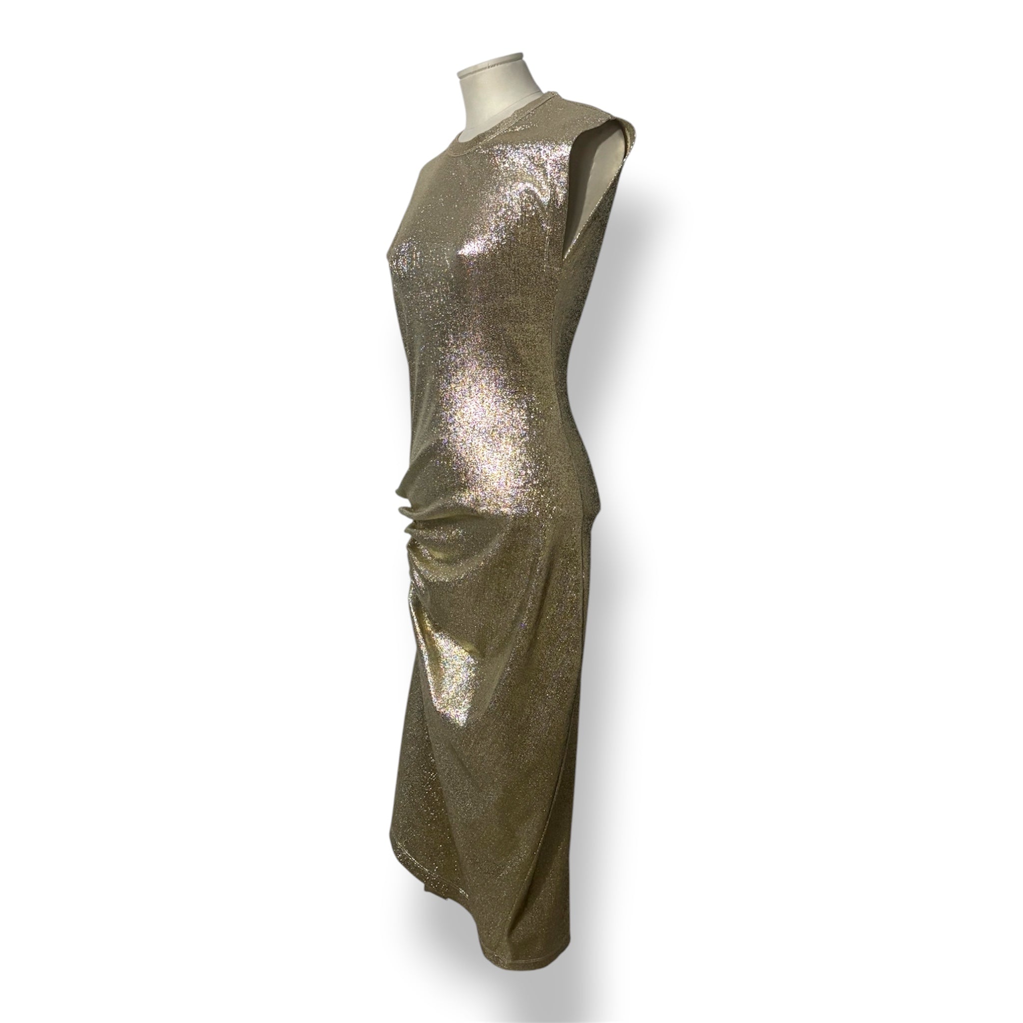 Vestido Dorado Metalizado Rabanne Nuevo | Vestido Midi de Fiesta Drapeado