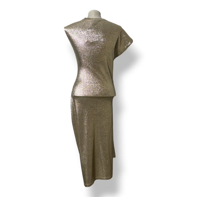 Vestido Dorado Metalizado Rabanne Nuevo | Vestido Midi de Fiesta Drapeado