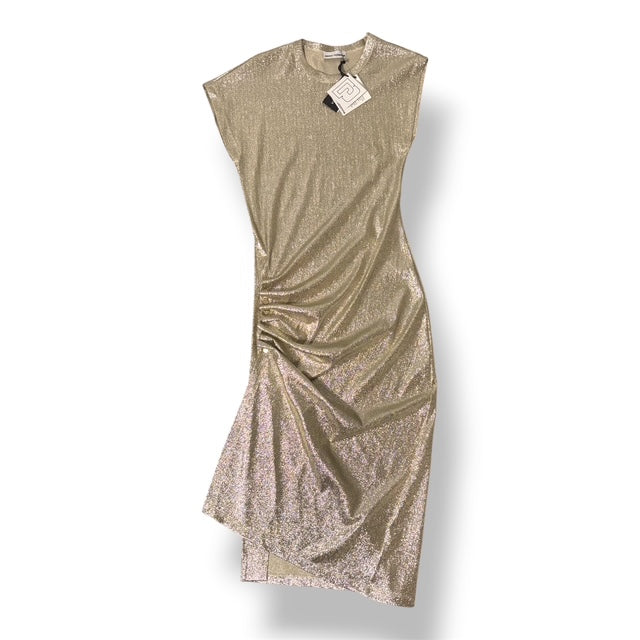 Vestido Dorado Metalizado Rabanne Nuevo | Vestido Midi de Fiesta Drapeado