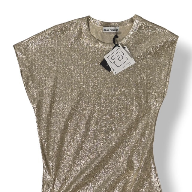Vestido Dorado Metalizado Rabanne Nuevo | Vestido Midi de Fiesta Drapeado