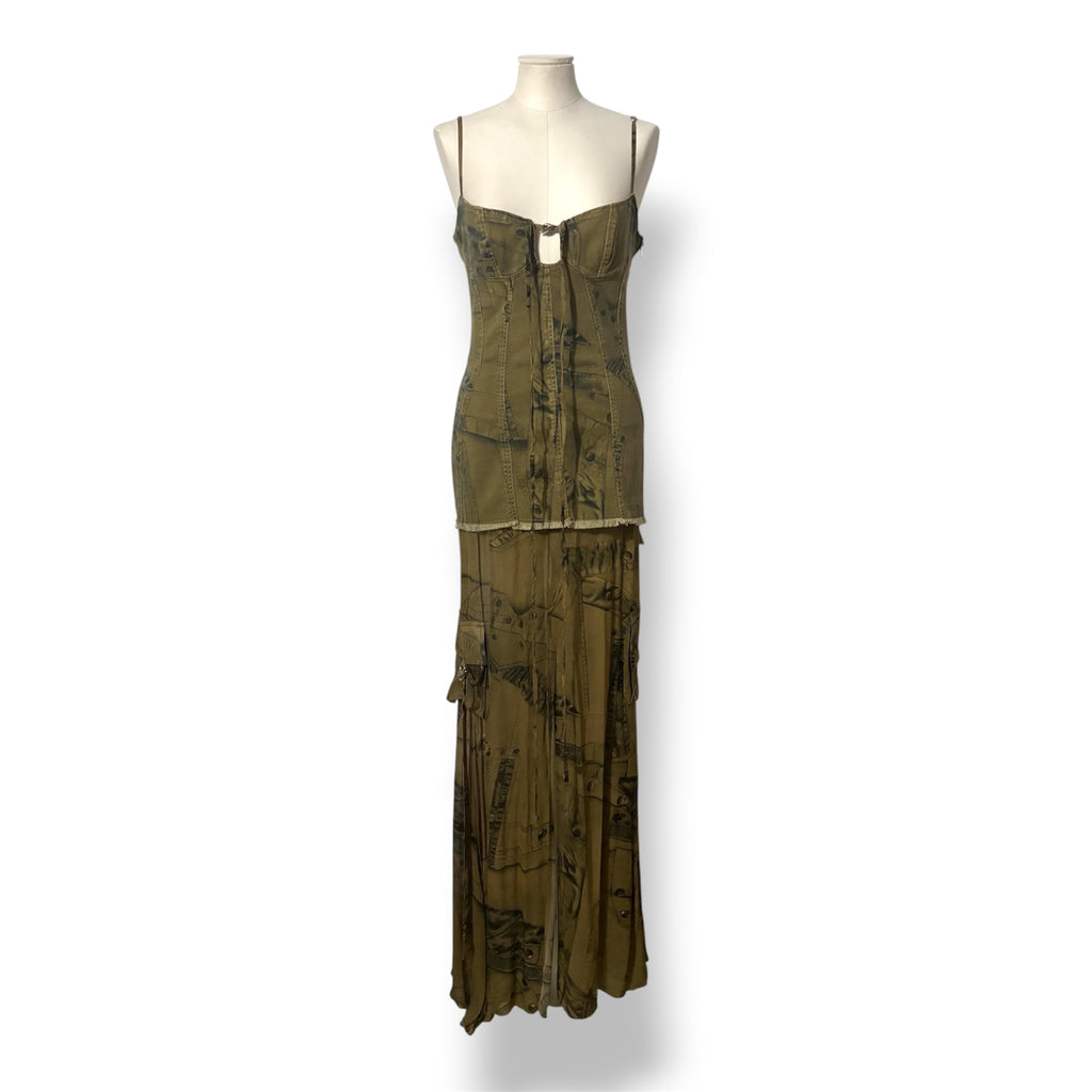 Vestido Largo de Blumarine Cargo con Estampado de Denim y Bordes Deshilachados - Verde Militar