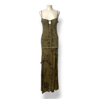 Vestido Largo de Blumarine Cargo con Estampado de Denim y Bordes Deshilachados - Verde Militar