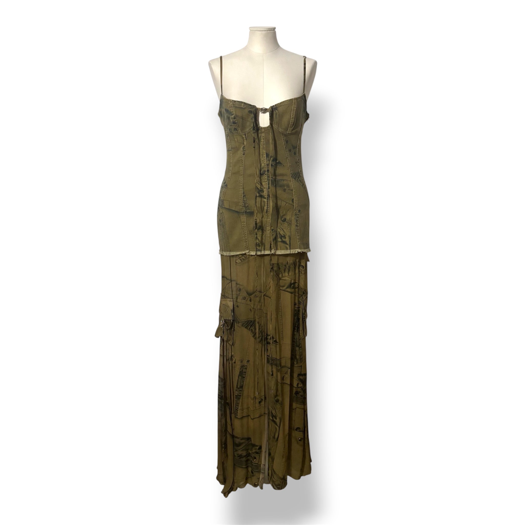 Vestido Largo de Blumarine Cargo con Estampado de Denim y Bordes Deshilachados - Verde Militar