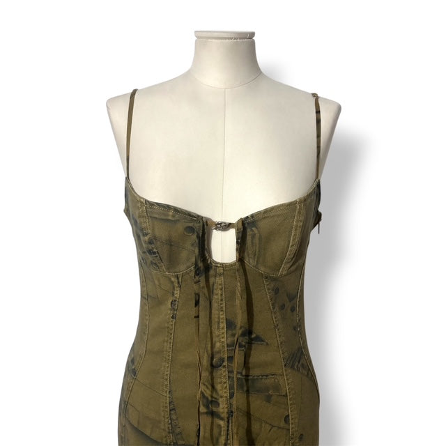 Vestido Largo de Blumarine Cargo con Estampado de Denim y Bordes Deshilachados - Verde Militar