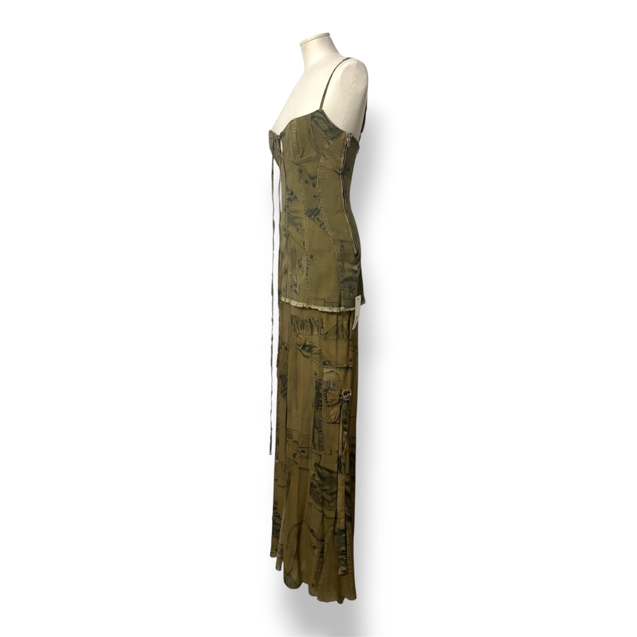 Vestido Largo de Blumarine Cargo con Estampado de Denim y Bordes Deshilachados - Verde Militar