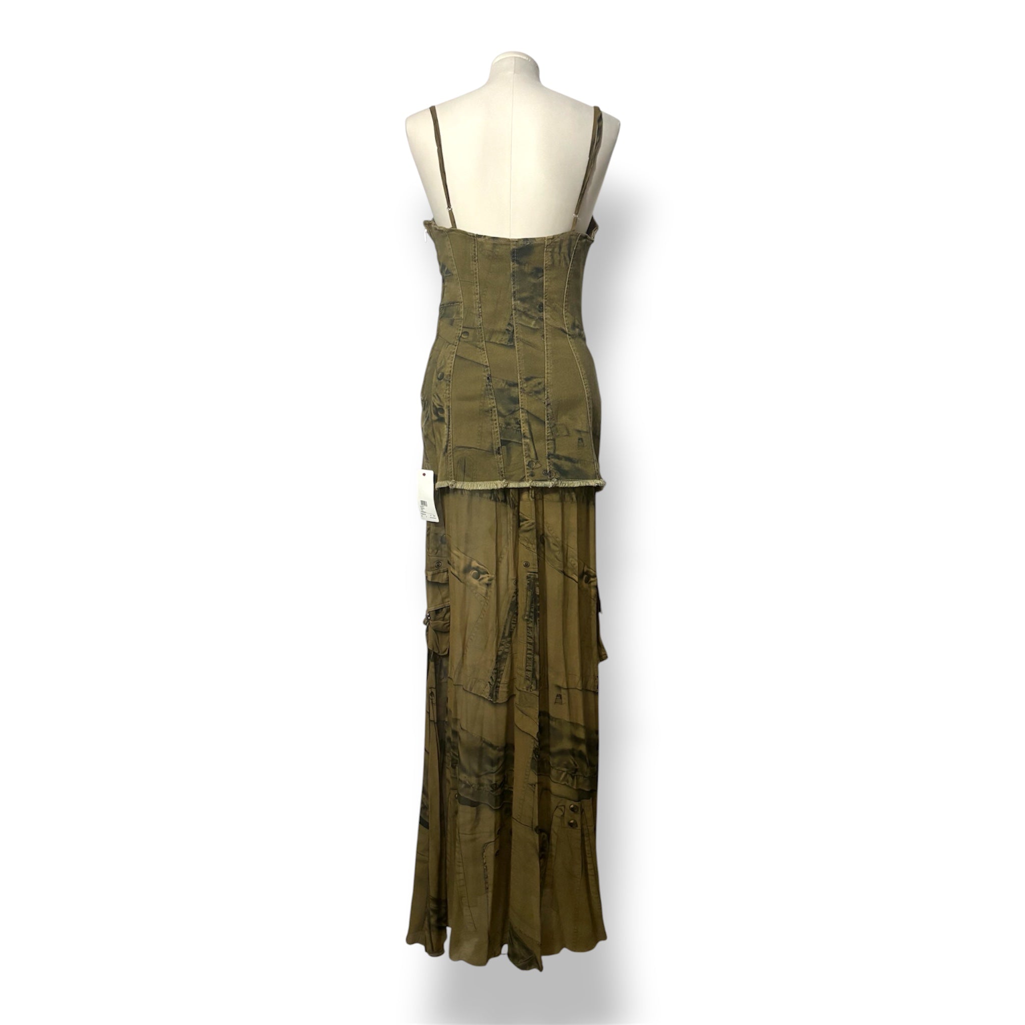 Vestido Largo de Blumarine Cargo con Estampado de Denim y Bordes Deshilachados - Verde Militar
