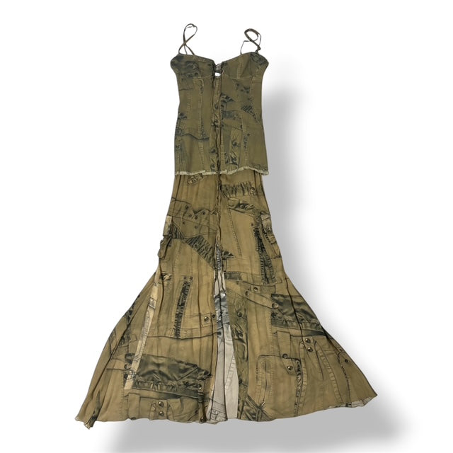 Vestido Largo de Blumarine Cargo con Estampado de Denim y Bordes Deshilachados - Verde Militar