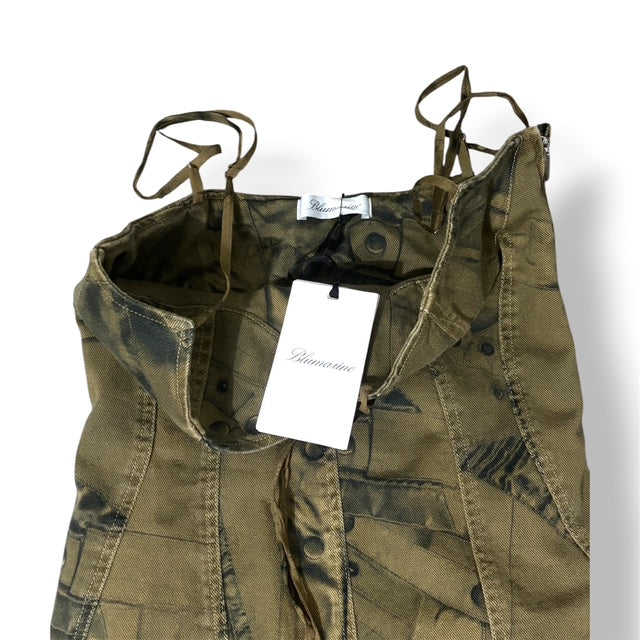Vestido Largo de Blumarine Cargo con Estampado de Denim y Bordes Deshilachados - Verde Militar