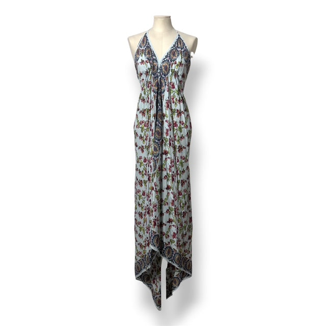 Vestido Largo Asimétrico Etro con Estampado Paisley y Floral y Escote Halter - Azul Celeste