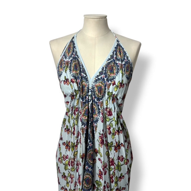Vestido Largo Asimétrico Etro con Estampado Paisley y Floral y Escote Halter - Azul Celeste