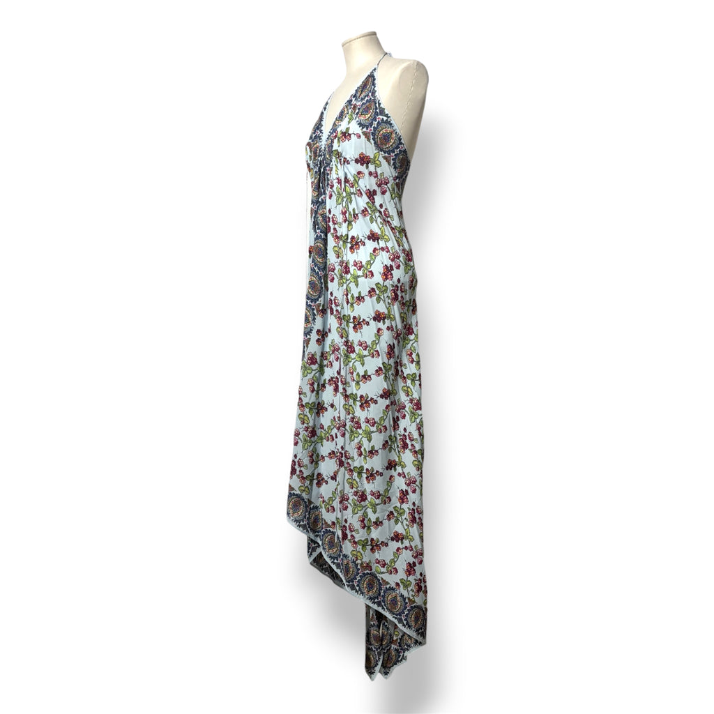 Vestido Largo Asimétrico Etro con Estampado Paisley y Floral y Escote Halter - Azul Celeste