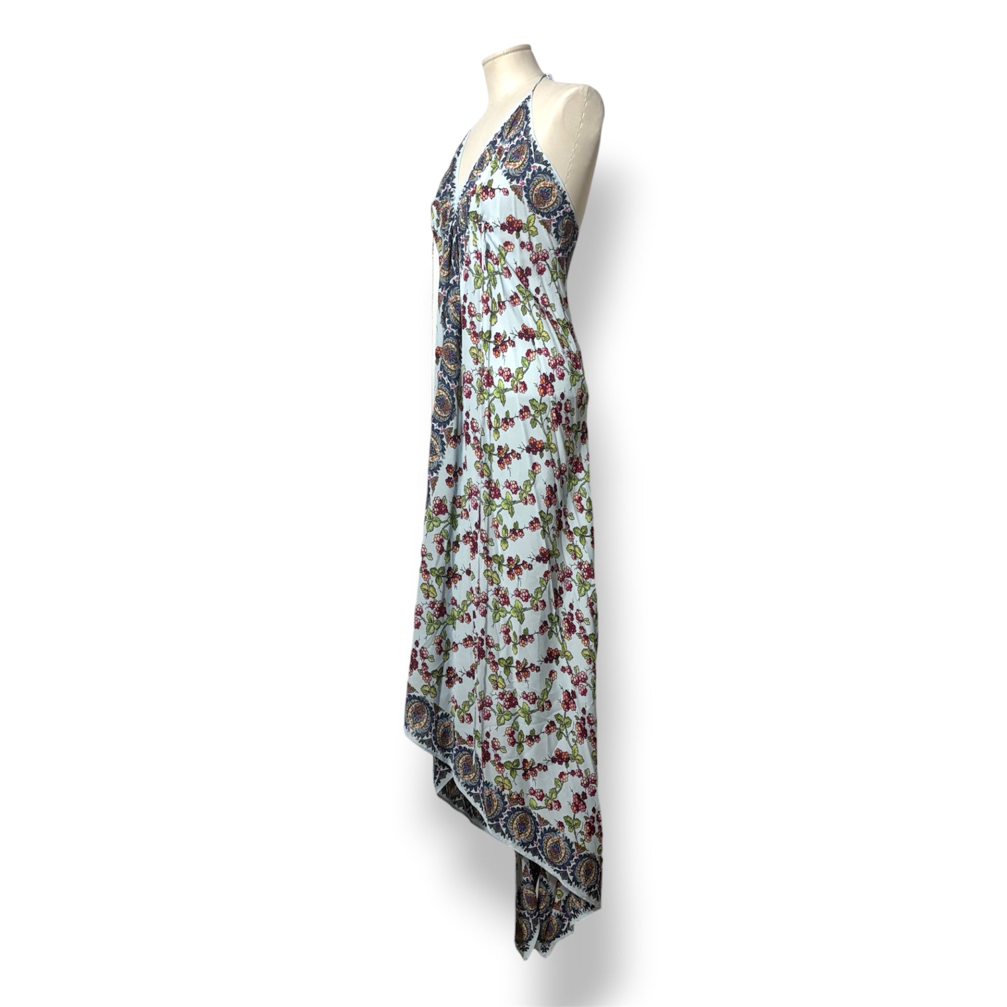 Vestido Largo Asimétrico Etro con Estampado Paisley y Floral y Escote Halter - Azul Celeste