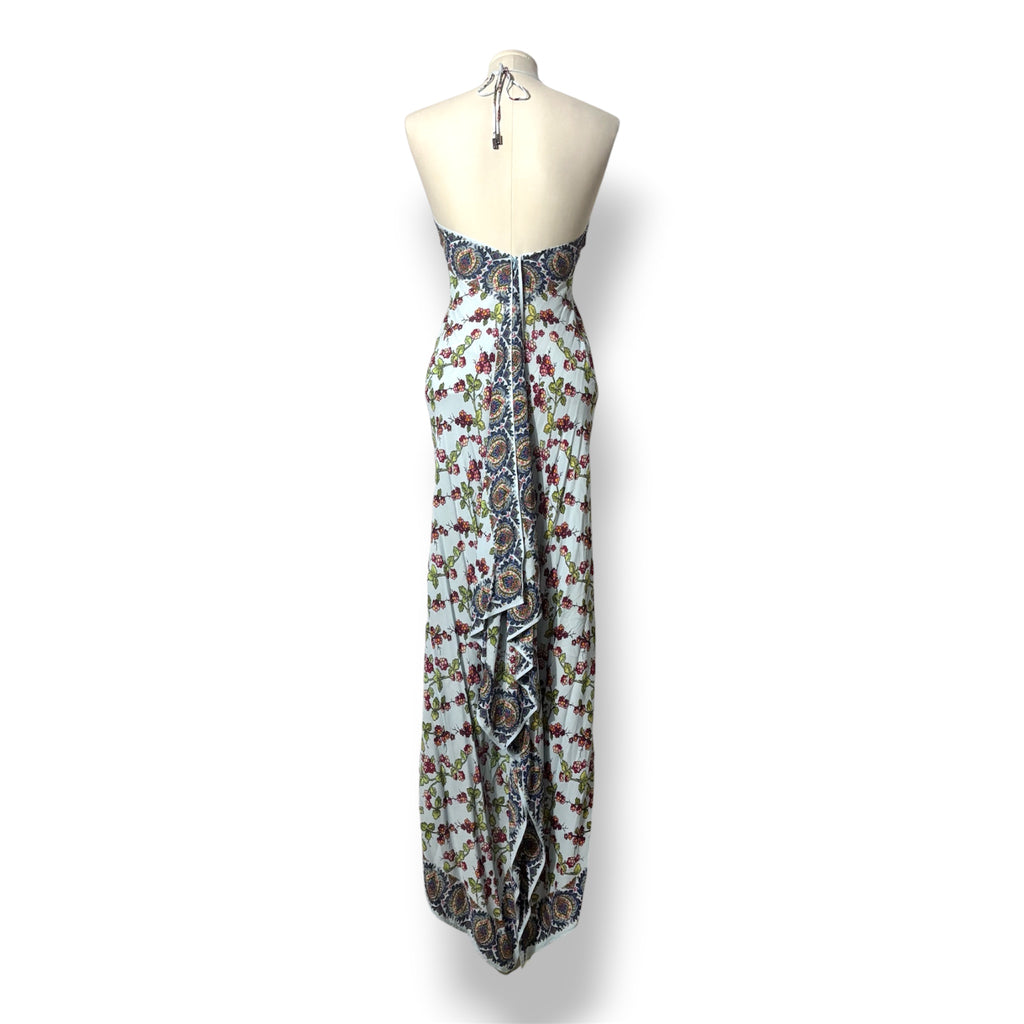 Vestido Largo Asimétrico Etro con Estampado Paisley y Floral y Escote Halter - Azul Celeste