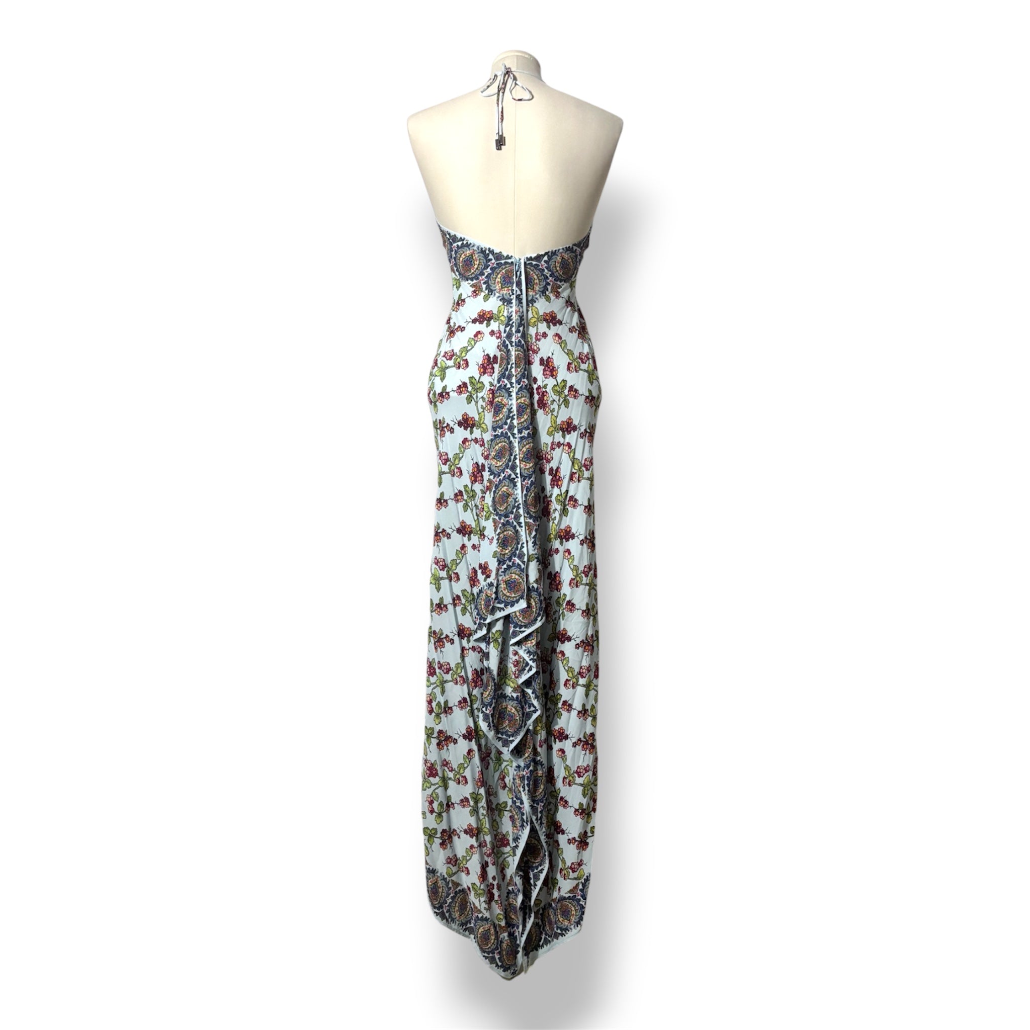 Vestido Largo Asimétrico Etro con Estampado Paisley y Floral y Escote Halter - Azul Celeste