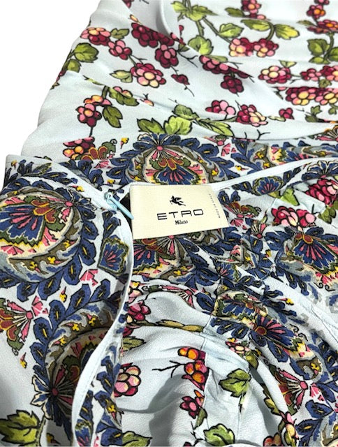 Vestido Largo Asimétrico Etro con Estampado Paisley y Floral y Escote Halter - Azul Celeste