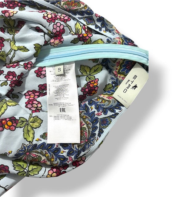 Vestido Largo Asimétrico Etro con Estampado Paisley y Floral y Escote Halter - Azul Celeste