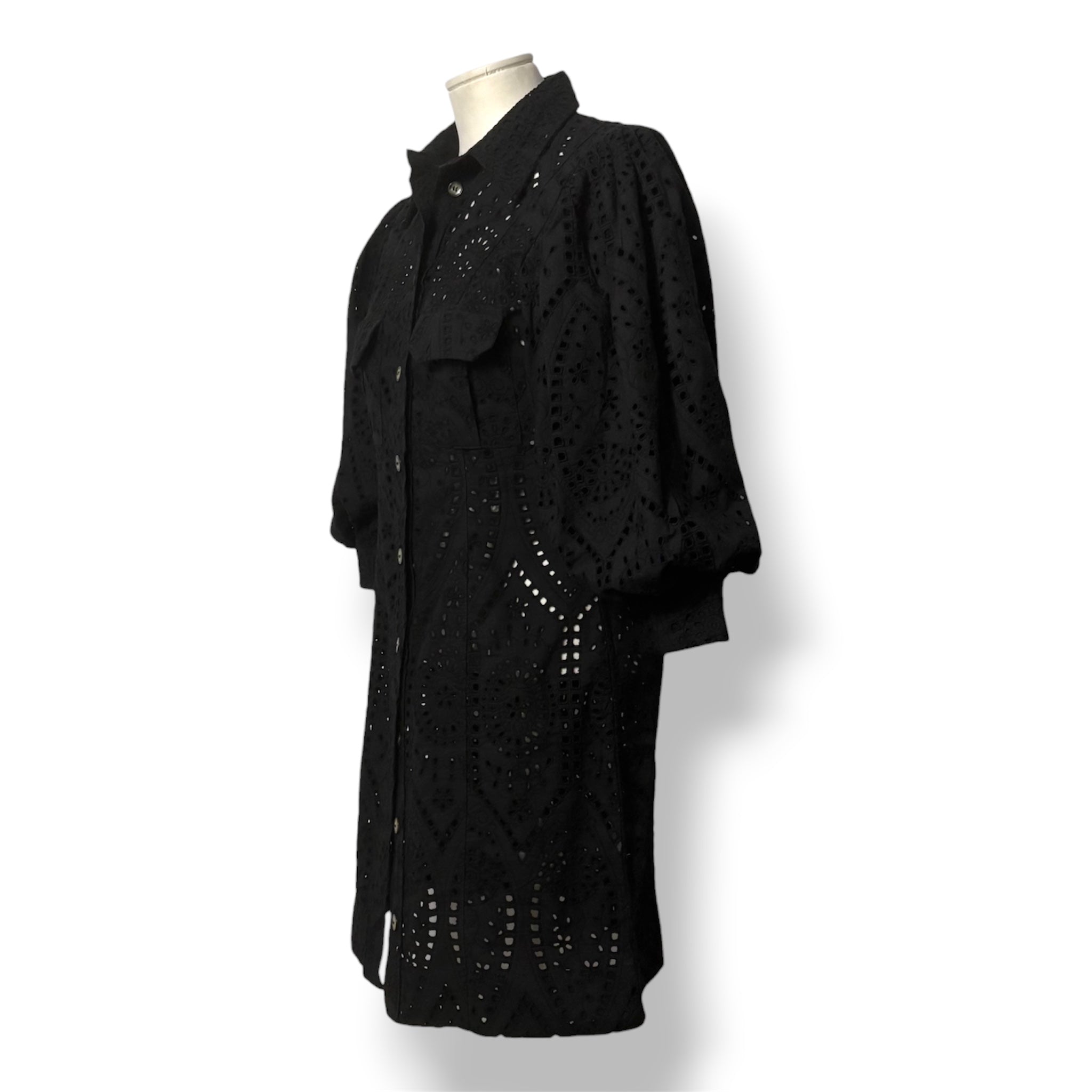 Vestido Corto de Algodón Ganni con Bordado Inglés y Mangas Globo - Negro