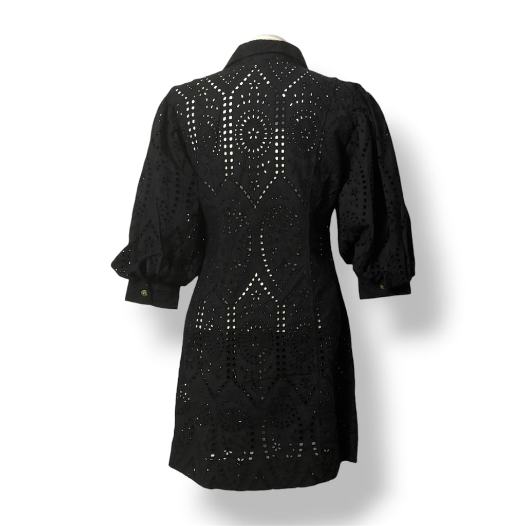 Vestido Corto de Algodón Ganni con Bordado Inglés y Mangas Globo - Negro