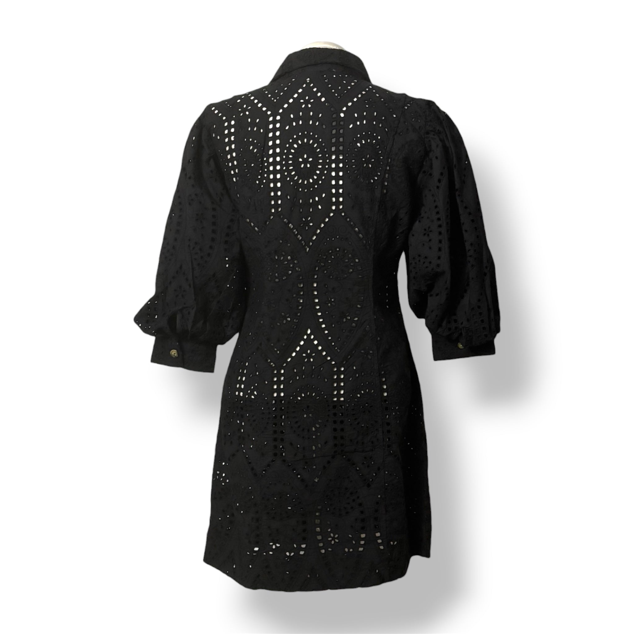 Vestido Corto de Algodón Ganni con Bordado Inglés y Mangas Globo - Negro