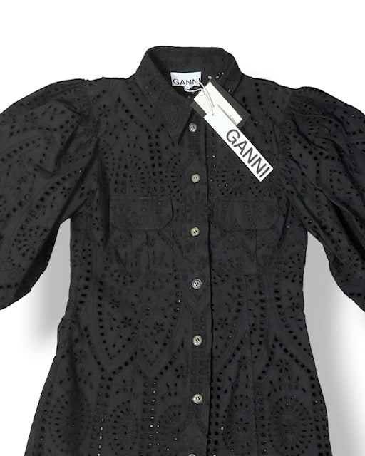 Vestido Corto de Algodón Ganni con Bordado Inglés y Mangas Globo - Negro