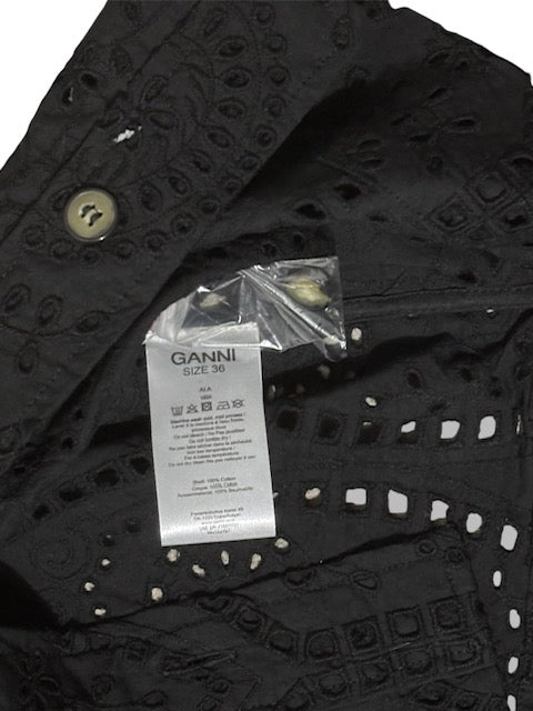 Vestido Corto de Algodón Ganni con Bordado Inglés y Mangas Globo - Negro