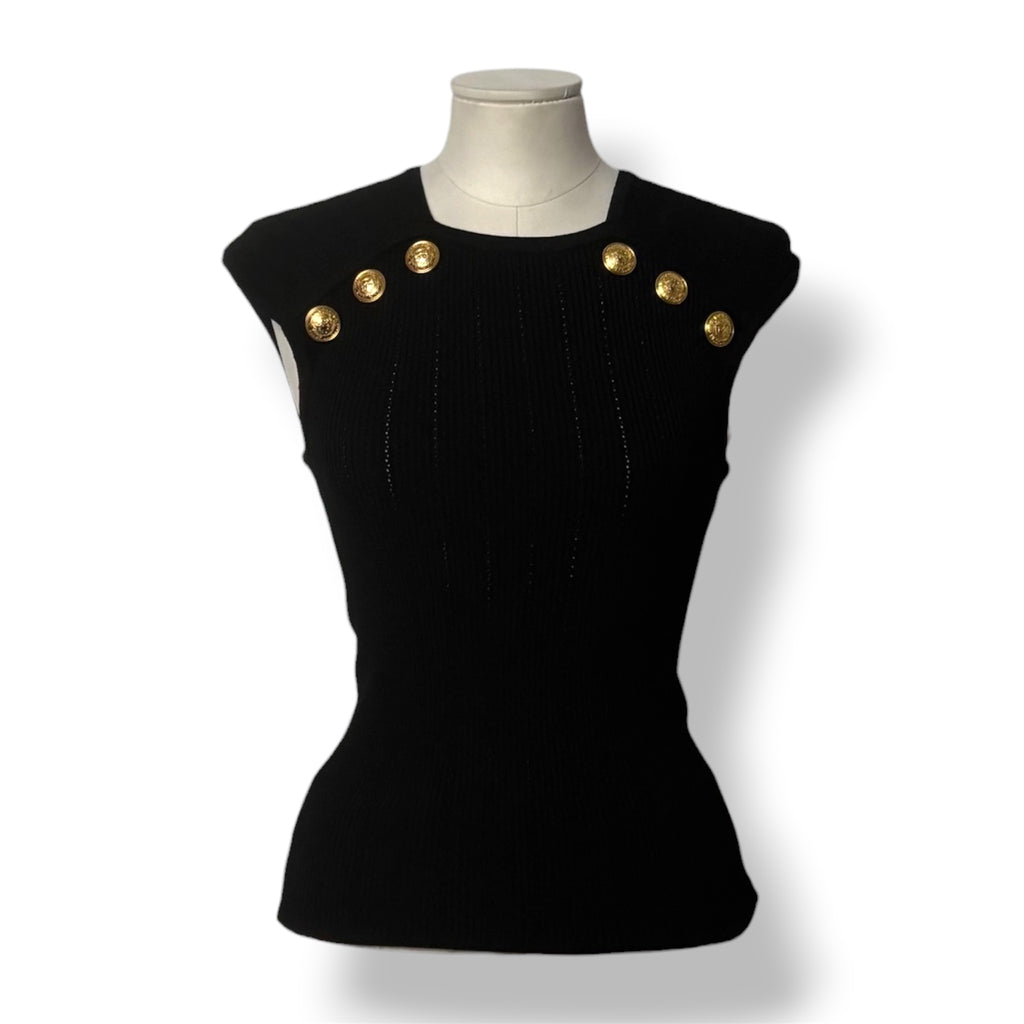 Top de Punto Acanalado Balmain con Cuello Escotado y Botones Dorados - Negro