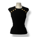 Top de Punto Acanalado Balmain con Cuello Escotado y Botones Dorados - Negro