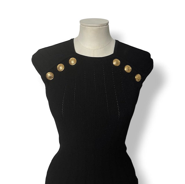 Top de Punto Acanalado Balmain con Cuello Escotado y Botones Dorados - Negro