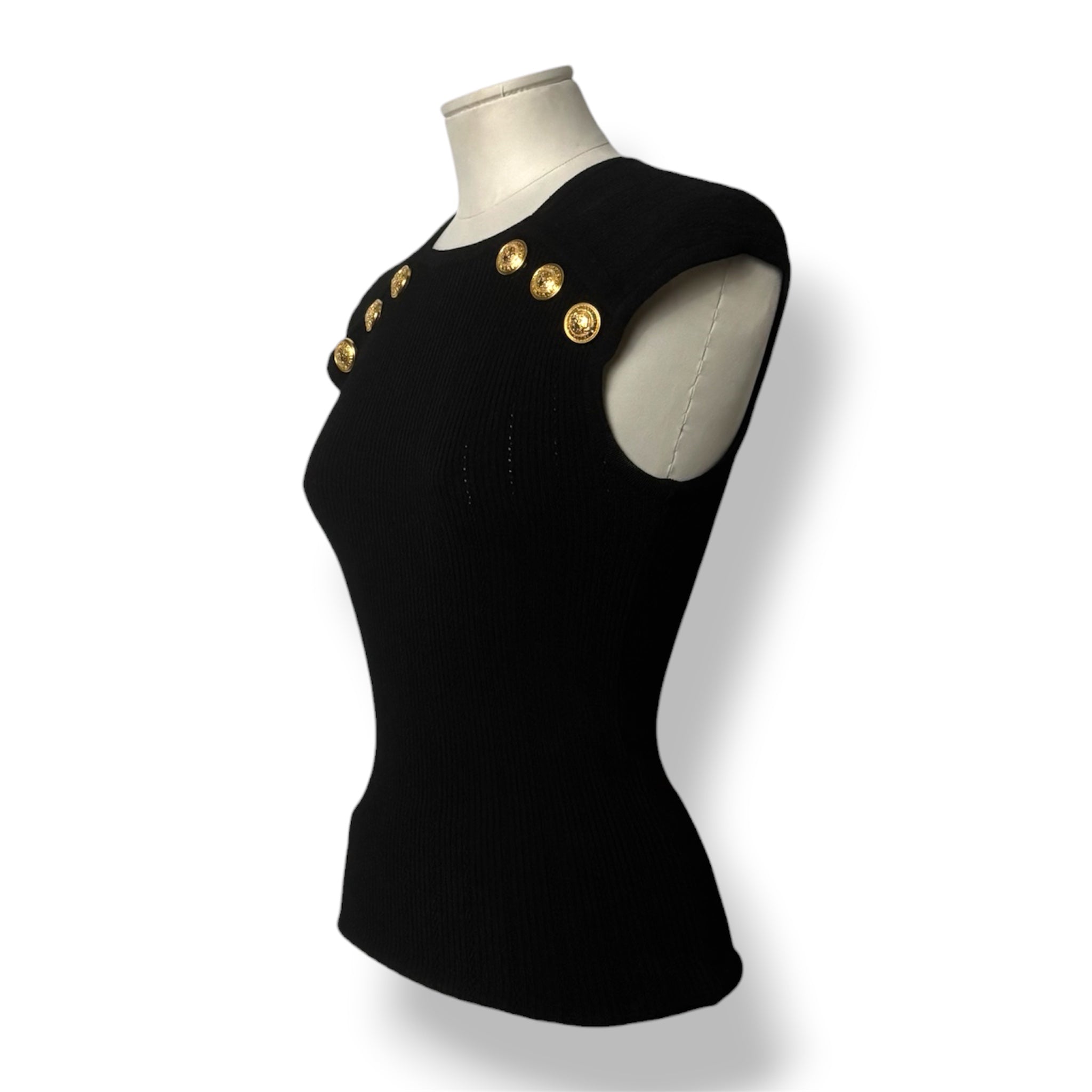 Top de Punto Acanalado Balmain con Cuello Escotado y Botones Dorados - Negro