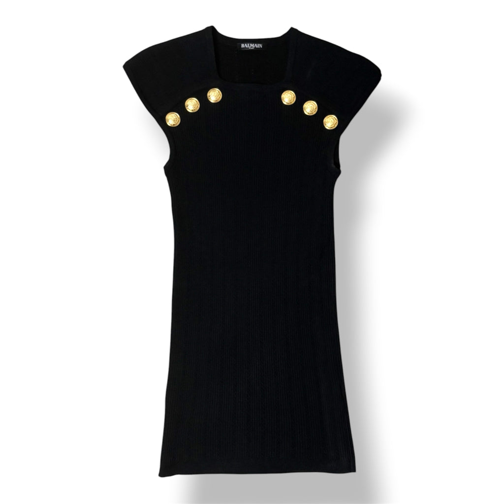 Top de Punto Acanalado Balmain con Cuello Escotado y Botones Dorados - Negro