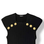 Top de Punto Acanalado Balmain con Cuello Escotado y Botones Dorados - Negro