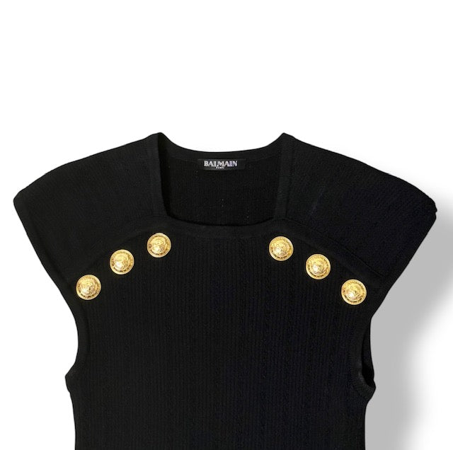 Top de Punto Acanalado Balmain con Cuello Escotado y Botones Dorados - Negro