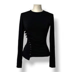 Camiseta Rabanne Asimétrica con Botones y Drapeado – Negro