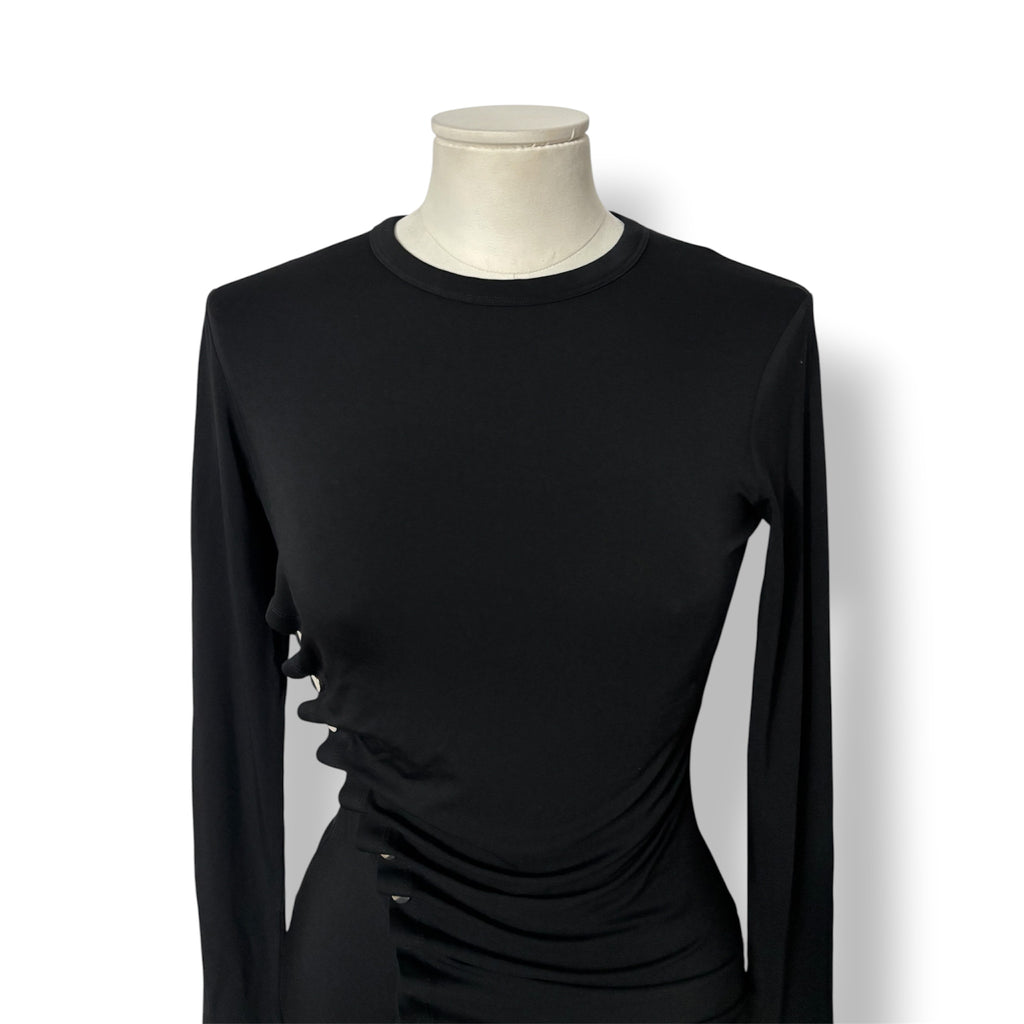 Camiseta Rabanne Asimétrica con Botones y Drapeado – Negro