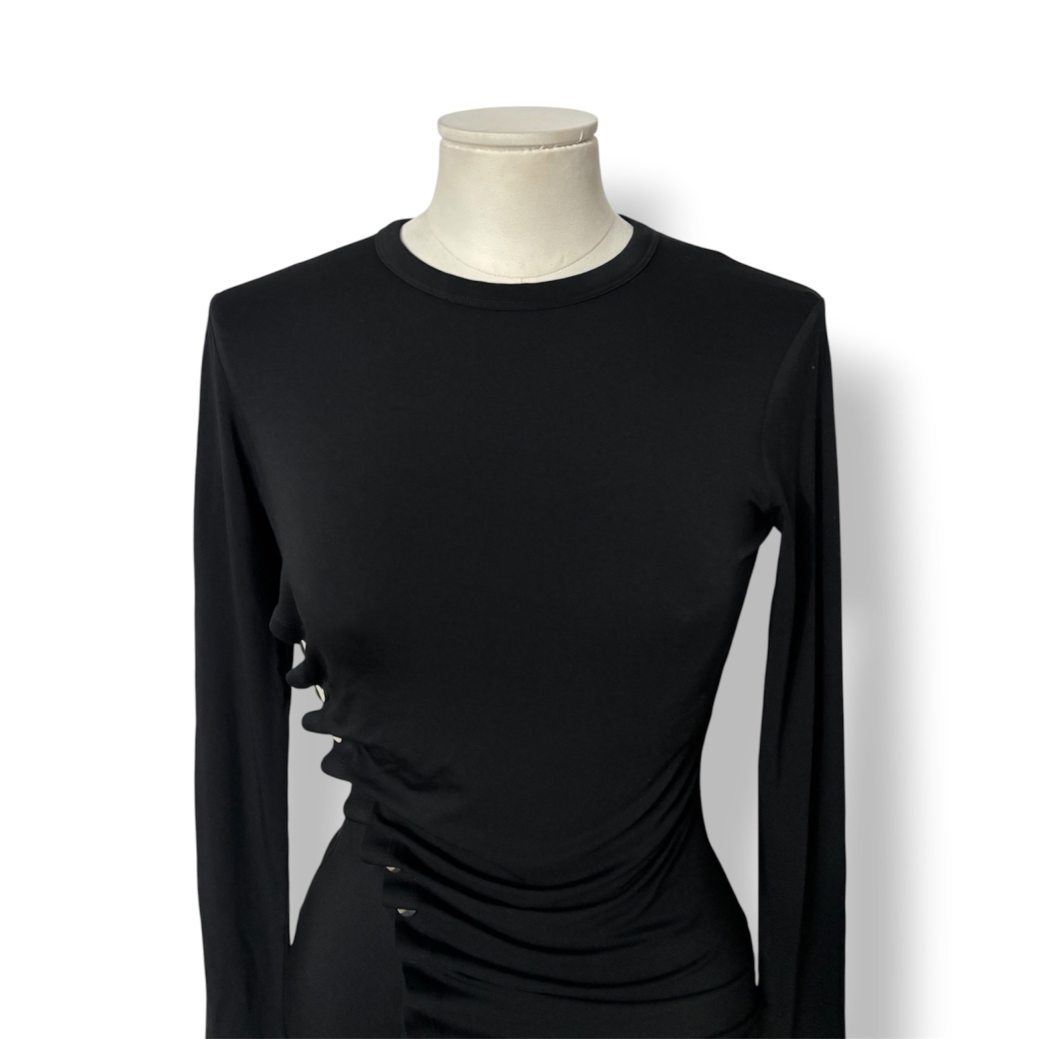 Camiseta Rabanne Asimétrica con Botones y Drapeado – Negro