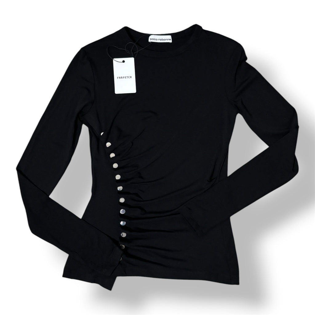 Camiseta Rabanne Asimétrica con Botones y Drapeado – Negro