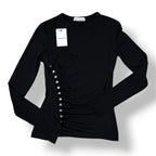Camiseta Rabanne Asimétrica con Botones y Drapeado – Negro