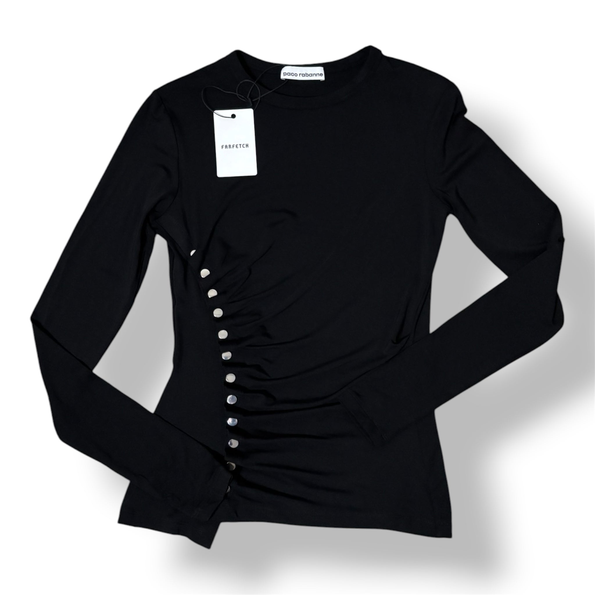 Camiseta Rabanne Asimétrica con Botones y Drapeado – Negro