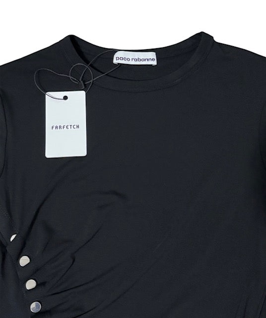 Camiseta Rabanne Asimétrica con Botones y Drapeado – Negro