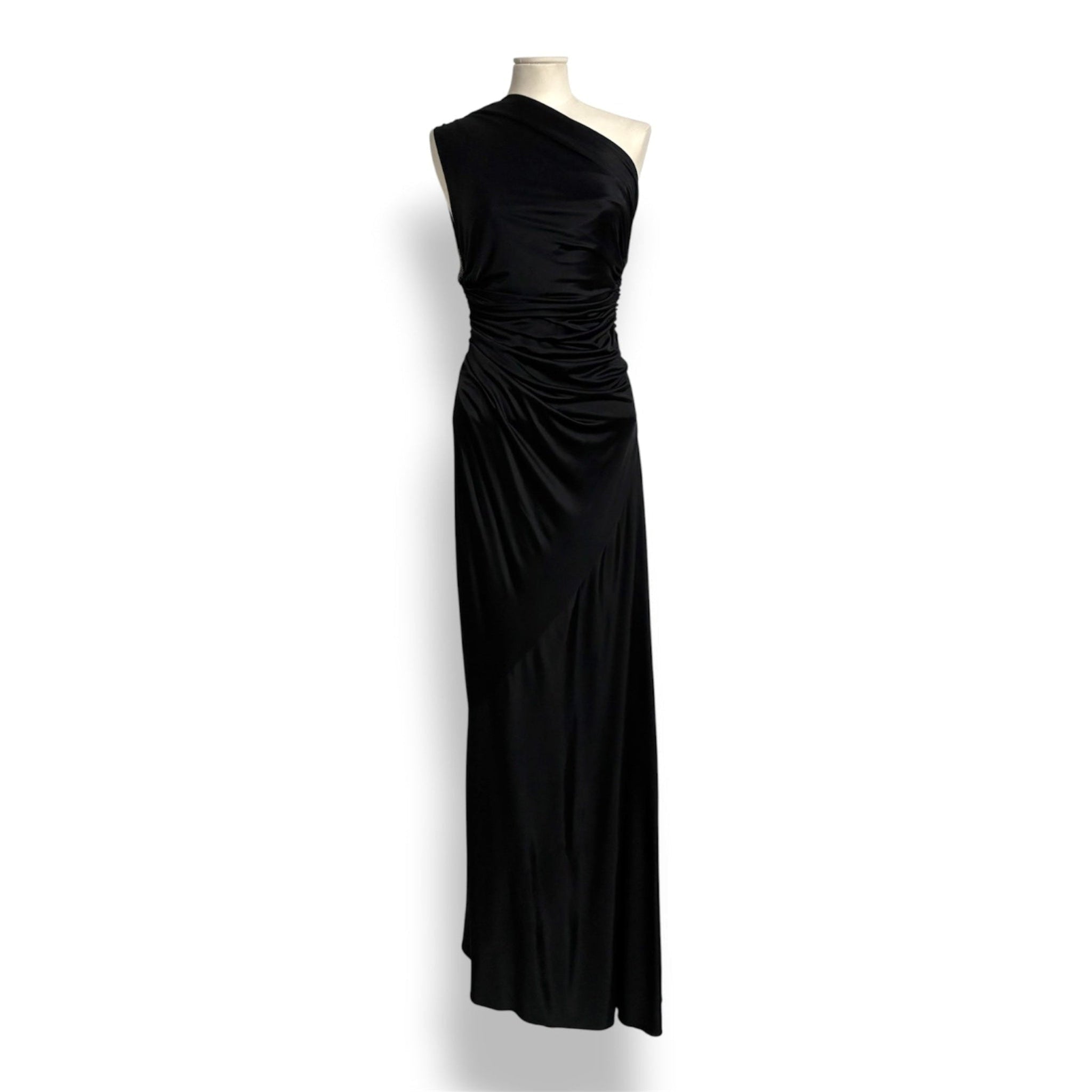 Vestido Largo Negro Roberto Cavalli Vintage de un Hombro con Pedrería