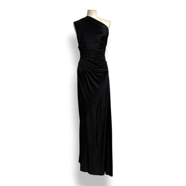 Vestido Largo Negro Roberto Cavalli Vintage de un Hombro con Pedrería