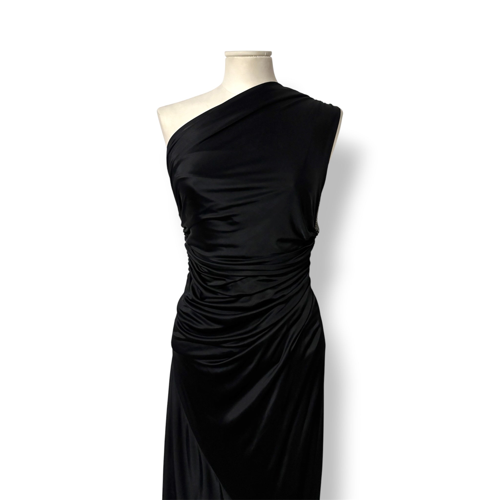 Vestido Largo Negro Roberto Cavalli Vintage de un Hombro con Pedrería