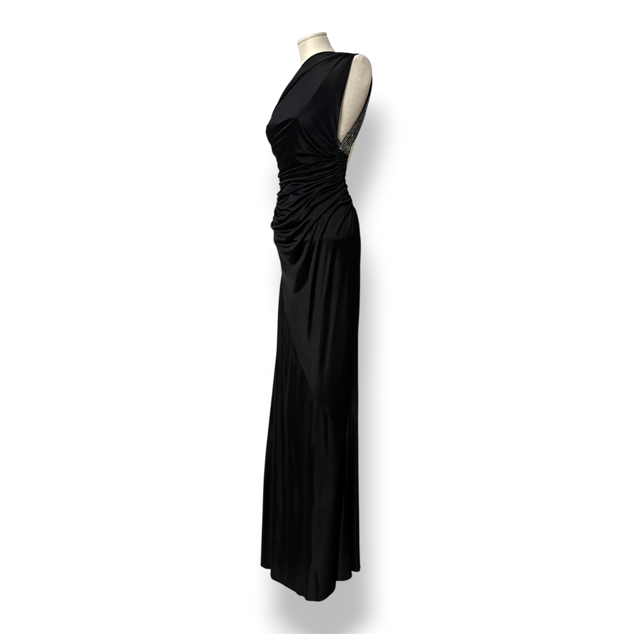 Vestido Largo Negro Roberto Cavalli Vintage de un Hombro con Pedrería