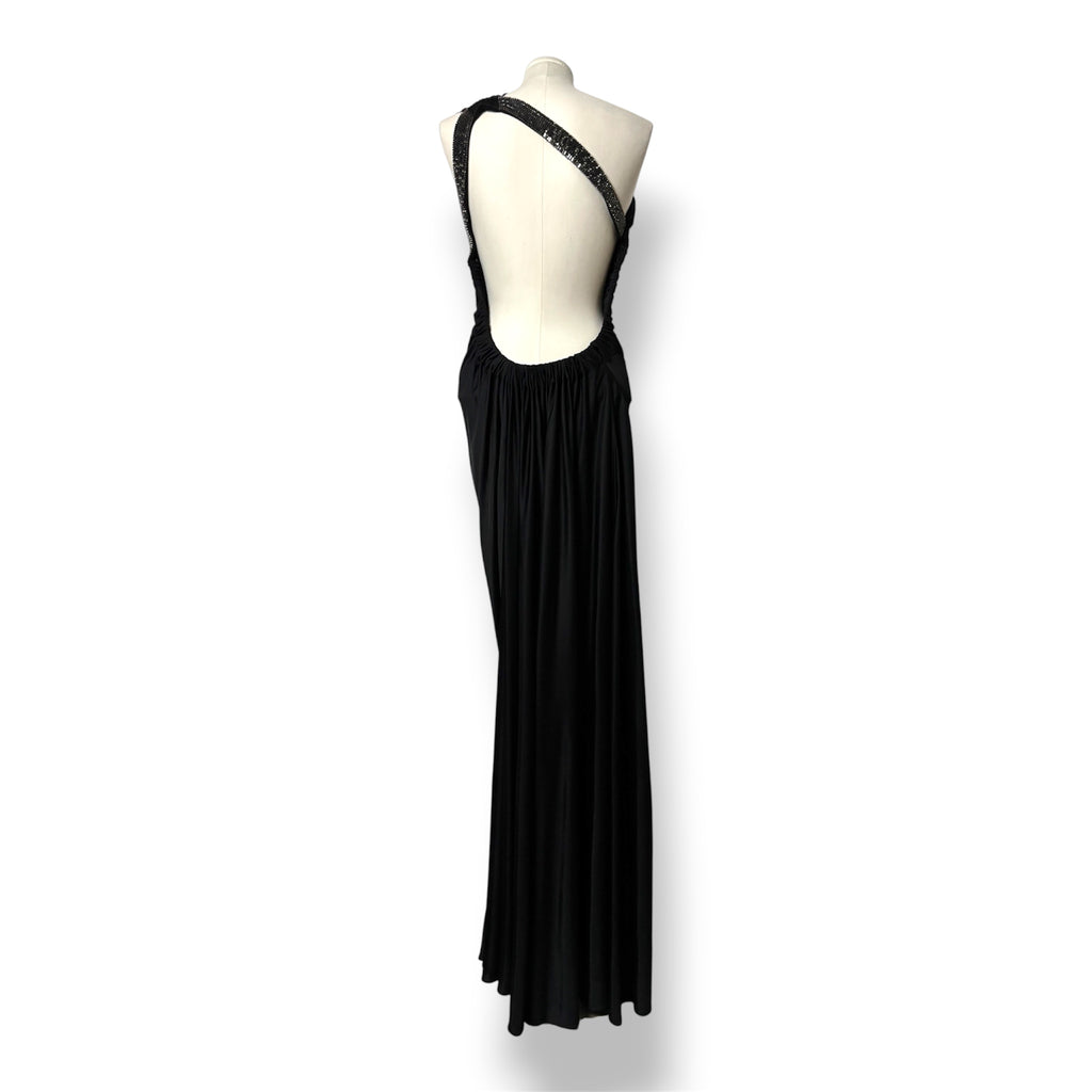 Vestido Largo Negro Roberto Cavalli Vintage de un Hombro con Pedrería