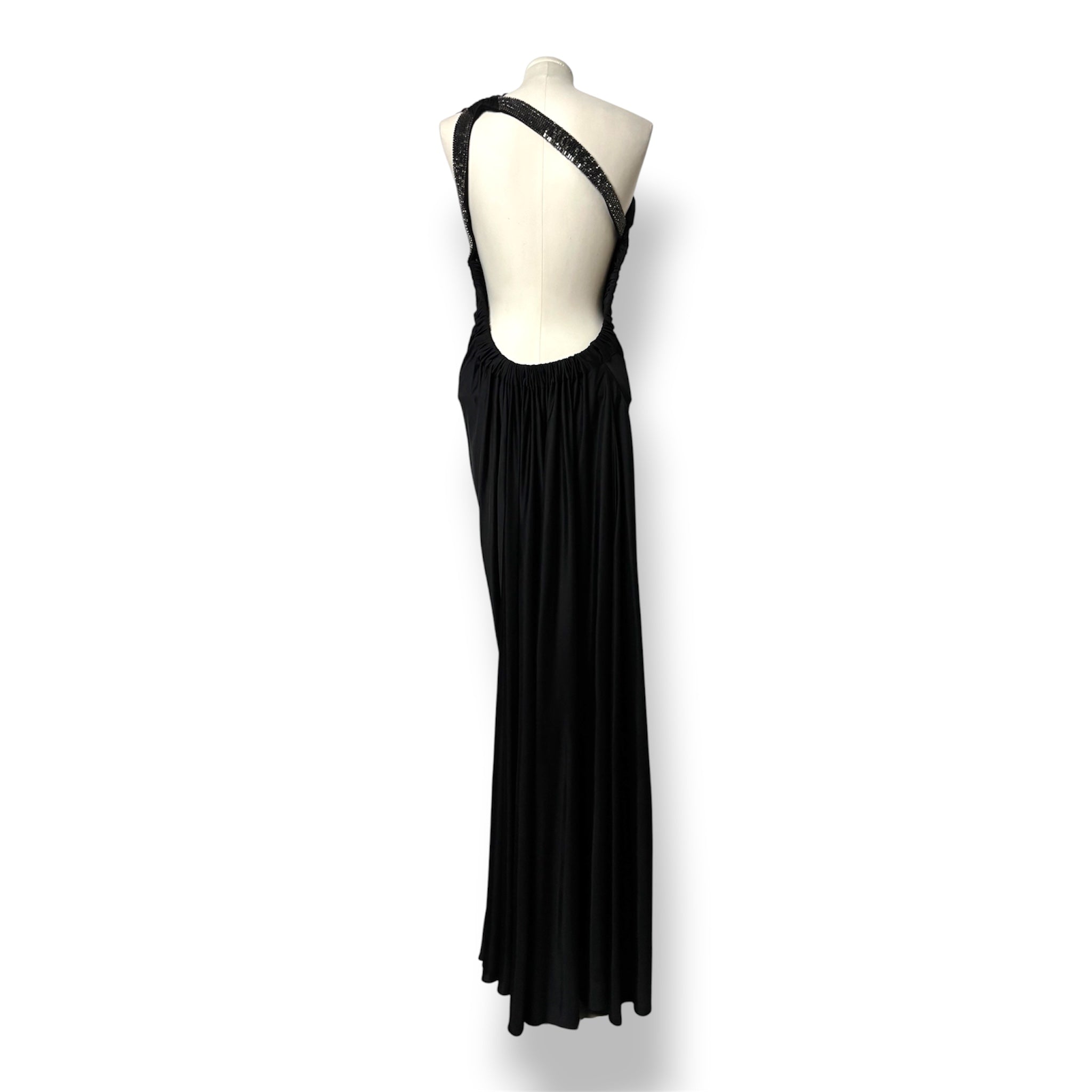 Vestido Largo Negro Roberto Cavalli Vintage de un Hombro con Pedrería