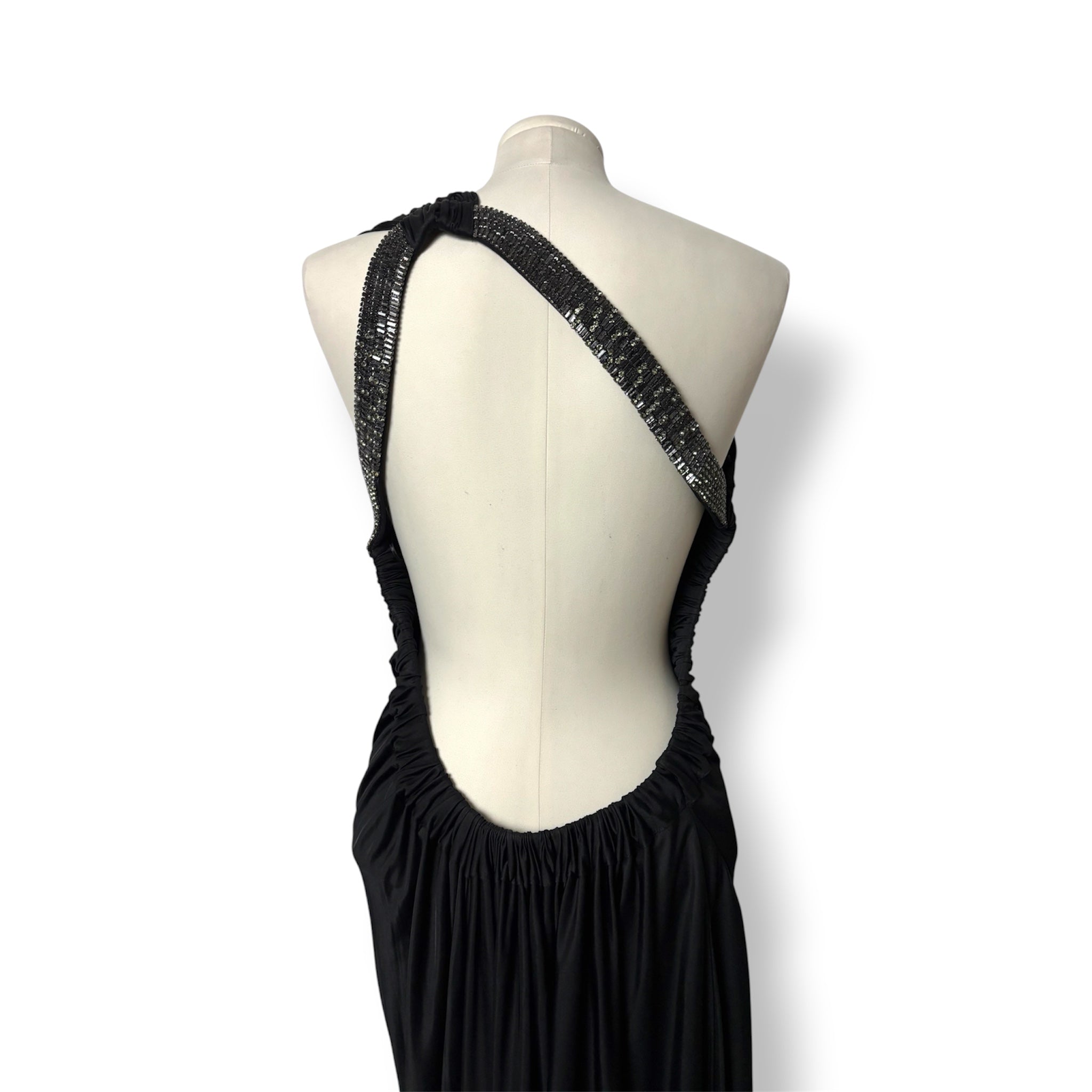 Vestido Largo Negro Roberto Cavalli Vintage de un Hombro con Pedrería