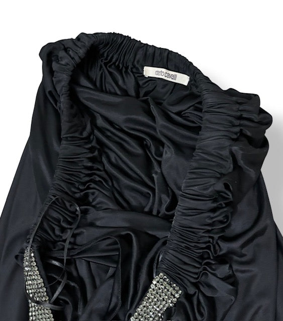 Vestido Largo Negro Roberto Cavalli Vintage de un Hombro con Pedrería