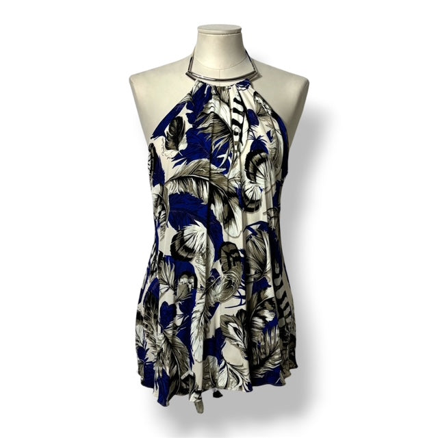 Top Halter Roberto Cavalli con Estampado de Plumas Azul y Cuello de Metal