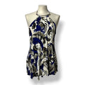 Top Halter Roberto Cavalli con Estampado de Plumas Azul y Cuello de Metal